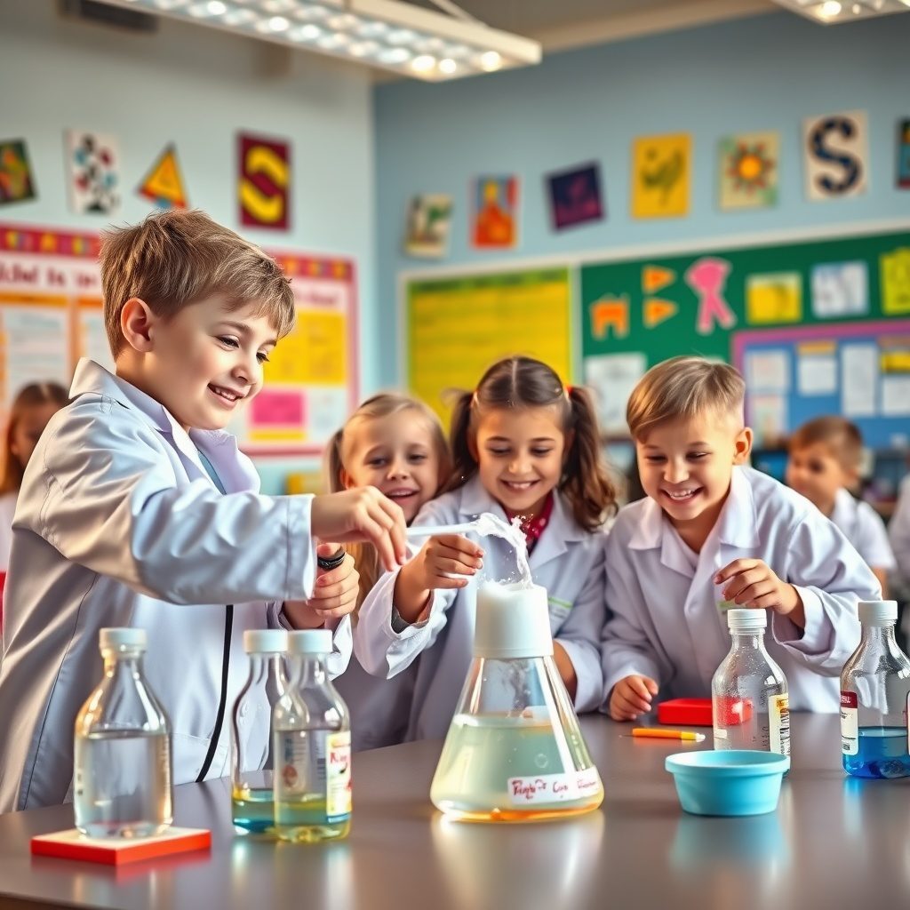 子どもたちが科学実験を楽しんでいる様子